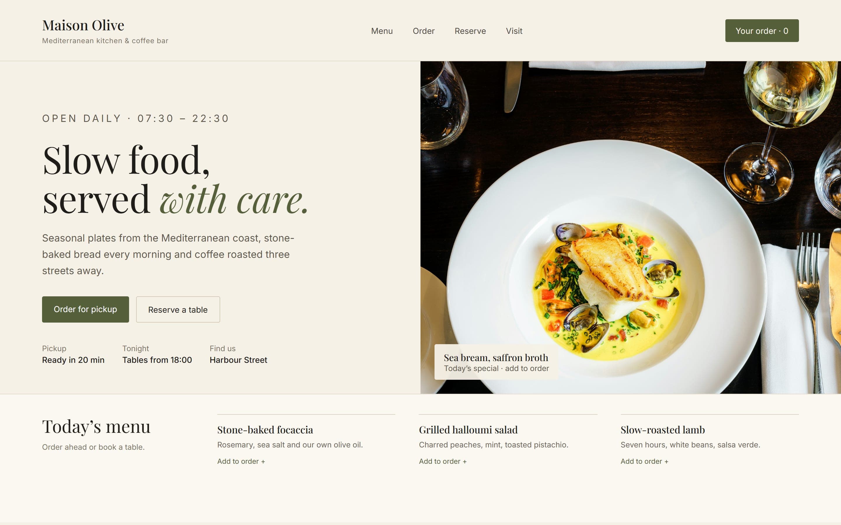 Example interface: a restaurant website with its menu, online ordering and table reservations.